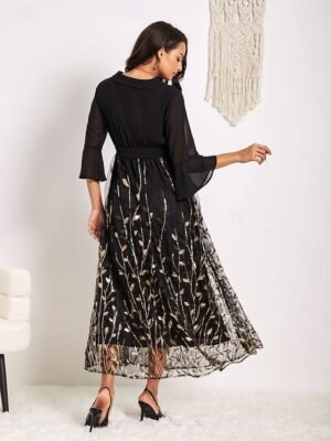 Elegant Black Sequin Crew Neck 3/4 Sleeve Midi Cocktail Dress - Image 31