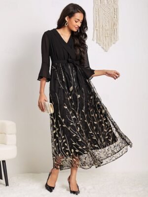 Elegant Black Sequin Crew Neck 3/4 Sleeve Midi Cocktail Dress - Image 32
