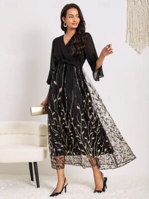 Elegant Black Sequin Crew Neck 3/4 Sleeve Midi Cocktail Dress - Image 33