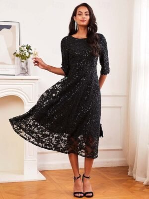 Elegant Black Sequin Crew Neck 3/4 Sleeve Midi Cocktail Dress - Image 4