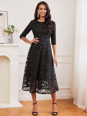 Elegant Black Sequin Crew Neck 3/4 Sleeve Midi Cocktail Dress - Image 6