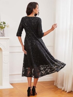 Elegant Black Sequin Crew Neck 3/4 Sleeve Midi Cocktail Dress - Image 7