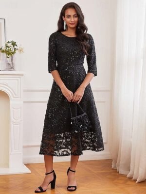 Elegant Black Sequin Crew Neck 3/4 Sleeve Midi Cocktail Dress - Image 8