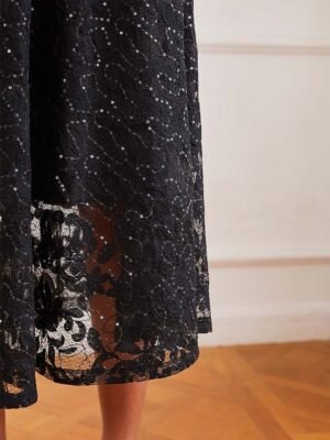 Elegant Black Sequin Crew Neck 3/4 Sleeve Midi Cocktail Dress - Image 9