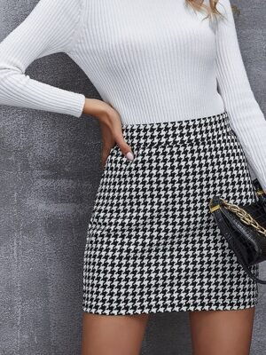 Elegant Bodycon Houndstooth High Waist Mini Skirt - Image 5