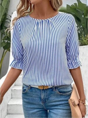 Elegant Bohemian Striped Crew Neck Half Sleeve Ruffle Blouse - Image 5