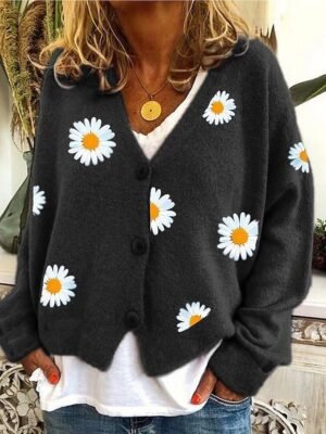 Elegant Casual Daisy Ribbed Open Front Embroidery Long Sleeve Cardigan - Image 7