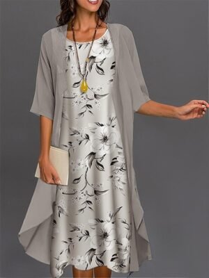 Elegant Casual Floral Print Crew Neck 3/4 Sleeve Midi Dress Set - Image 1