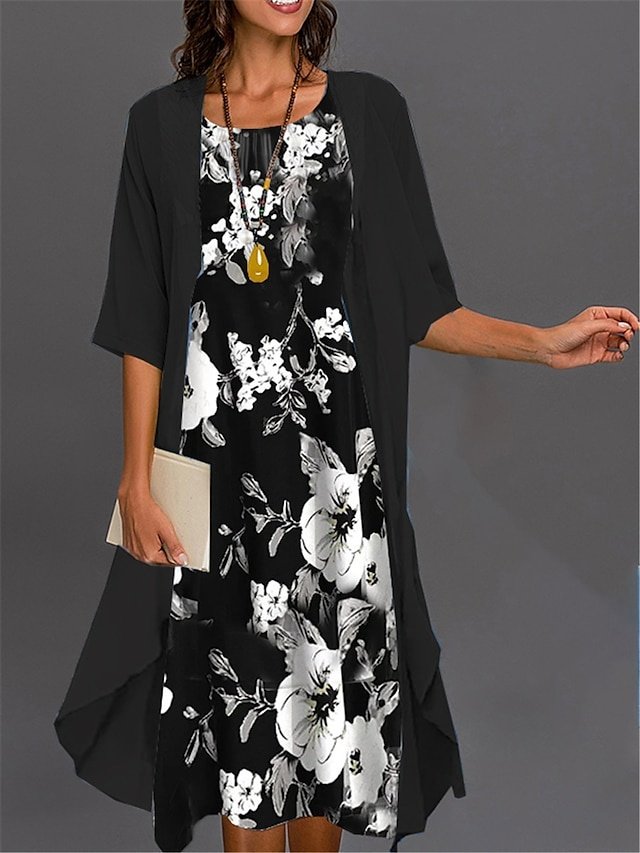 Elegant Casual Floral Print Crew Neck 3/4 Sleeve Midi Dress Set - Image 2