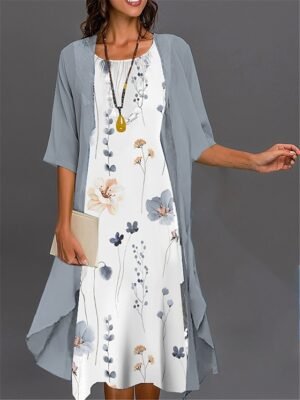 Elegant Casual Floral Print Crew Neck 3/4 Sleeve Midi Dress Set - Image 3