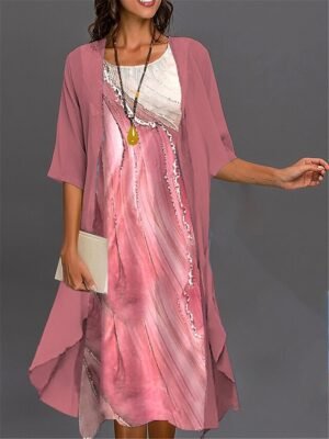 Elegant Casual Floral Print Crew Neck 3/4 Sleeve Midi Dress Set - Image 4