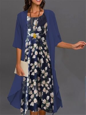 Elegant Casual Floral Print Crew Neck 3/4 Sleeve Midi Dress Set - Image 5