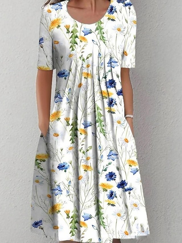 Elegant Casual Floral Ruched Crew Neck Short Sleeve Midi Dress - Image 1