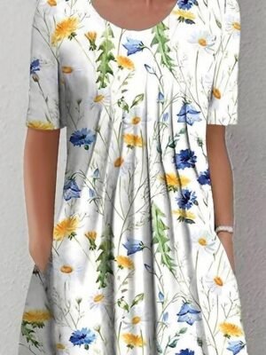 Elegant Casual Floral Ruched Crew Neck Short Sleeve Midi Dress - Image 3