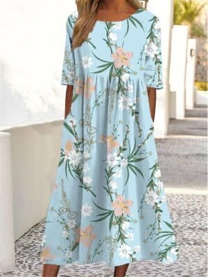 Elegant Casual Maxi Floral Crew Neck Short Sleeve Dress - Image 1