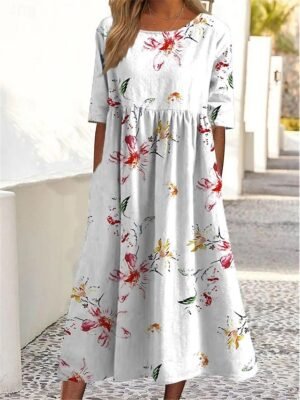 Elegant Casual Maxi Floral Crew Neck Short Sleeve Dress - Image 3