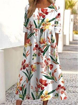 Elegant Casual Maxi Floral Crew Neck Short Sleeve Dress - Image 4