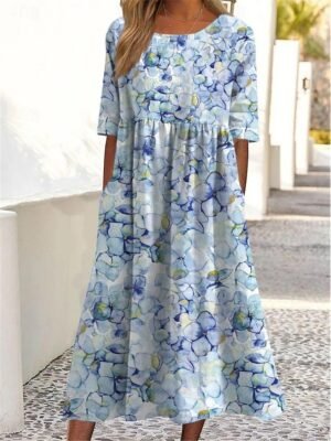 Elegant Casual Maxi Floral Crew Neck Short Sleeve Dress - Image 5