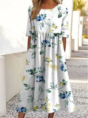 Elegant Casual Maxi Floral Crew Neck Short Sleeve Dress - Image 6