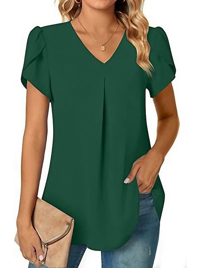 Elegant Casual Neon V Neck Petal Sleeve Blouse - Image 1