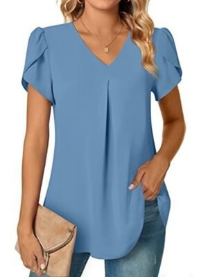 Elegant Casual Neon V Neck Petal Sleeve Blouse - Image 2