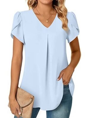 Elegant Casual Neon V Neck Petal Sleeve Blouse - Image 3