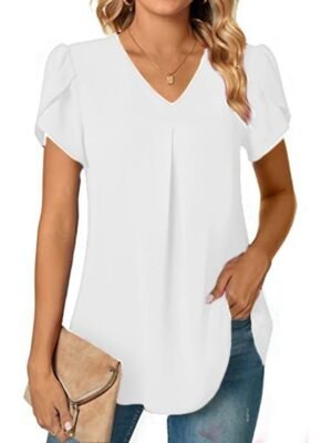 Elegant Casual Neon V Neck Petal Sleeve Blouse - Image 4