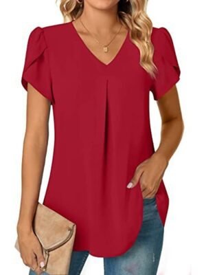 Elegant Casual Neon V Neck Petal Sleeve Blouse - Image 5