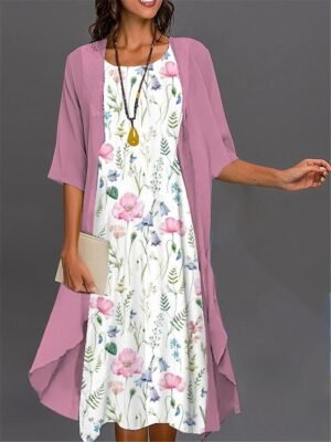 Elegant Casual Ombre Floral Crew Neck 3/4 Sleeve Midi Dress Set - Image 1