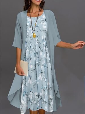 Elegant Casual Ombre Floral Crew Neck 3/4 Sleeve Midi Dress Set - Image 2