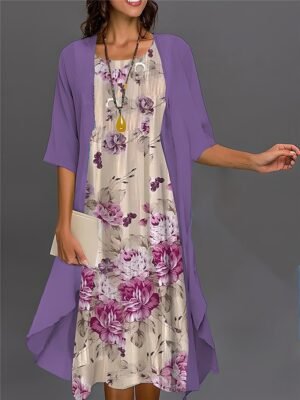 Elegant Casual Ombre Floral Crew Neck 3/4 Sleeve Midi Dress Set - Image 3