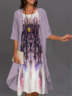 Elegant Casual Ombre Floral Crew Neck 3/4 Sleeve Midi Dress Set - Image 4