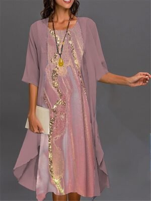 Elegant Casual Ombre Floral Crew Neck 3/4 Sleeve Midi Dress Set - Image 5