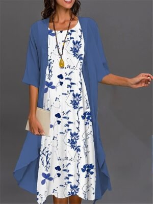 Elegant Casual Ombre Floral Crew Neck 3/4 Sleeve Midi Dress Set - Image 6