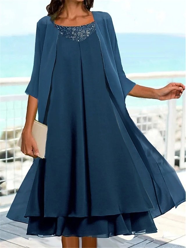 Elegant Casual Plain Crew Neck 3/4 Sleeve Midi Dress Set - Image 1