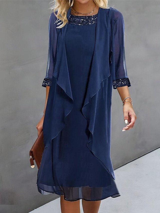 Elegant Casual Plain Crew Neck 3/4 Sleeve Midi Dress - Image 1