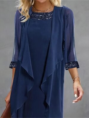 Elegant Casual Plain Crew Neck 3/4 Sleeve Midi Dress - Image 9