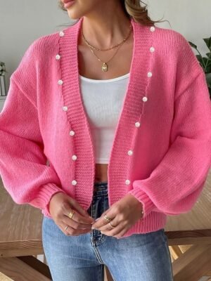 Elegant Casual Ribbed V Neck Beaded Long Sleeve Regular Knit Cardigan - Image 1