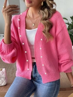 Elegant Casual Ribbed V Neck Beaded Long Sleeve Regular Knit Cardigan - Image 3