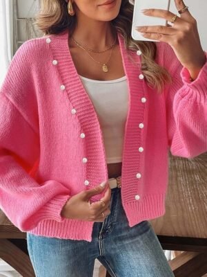 Elegant Casual Ribbed V Neck Beaded Long Sleeve Regular Knit Cardigan - Image 4