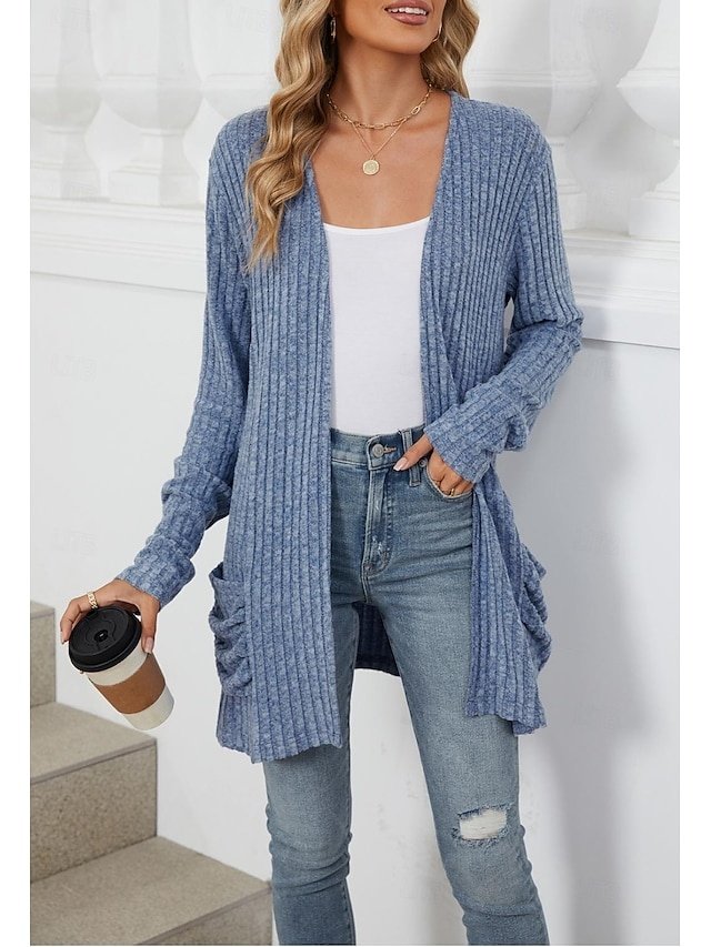 Elegant Casual Solid Open Front Long Sleeve Regular Knit Cardigan - Image 1