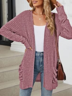 Elegant Casual Solid Open Front Long Sleeve Regular Knit Cardigan - Image 6