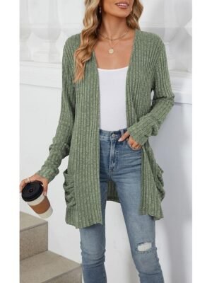 Elegant Casual Solid Open Front Long Sleeve Regular Knit Cardigan - Image 7