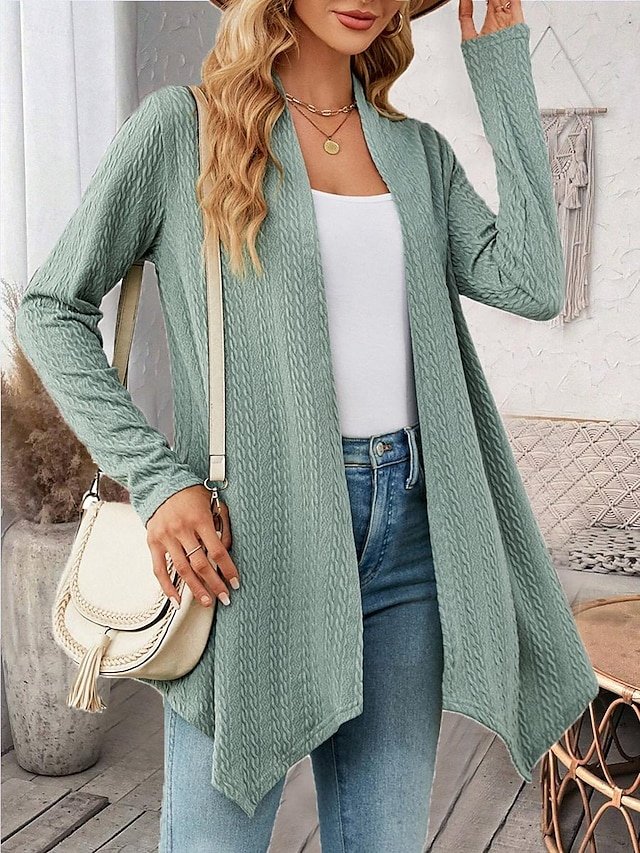 Elegant Casual Solid Waffle Open Front Asymmetric Long Sleeve Regular Cardigan - Image 1