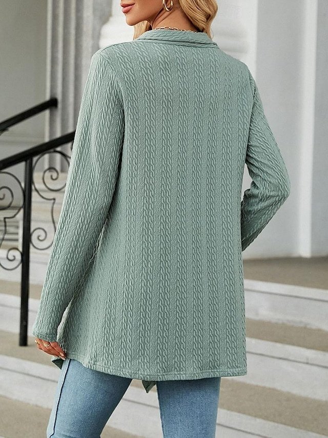 Elegant Casual Solid Waffle Open Front Asymmetric Long Sleeve Regular Cardigan - Image 2