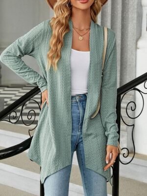 Elegant Casual Solid Waffle Open Front Asymmetric Long Sleeve Regular Cardigan - Image 3