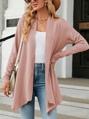 Elegant Casual Solid Waffle Open Front Asymmetric Long Sleeve Regular Cardigan - Image 4