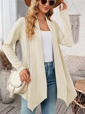 Elegant Casual Solid Waffle Open Front Asymmetric Long Sleeve Regular Cardigan - Image 5