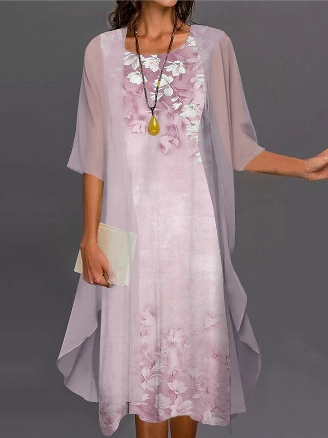Elegant Classic Floral Crew Neck Half Sleeve Midi Dress Set - Image 2