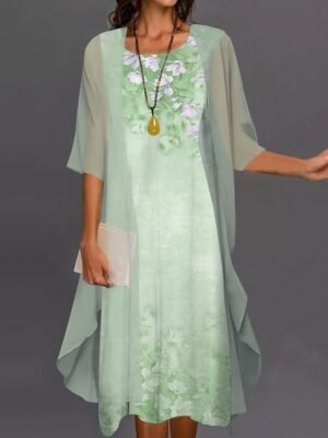Elegant Classic Floral Crew Neck Half Sleeve Midi Dress Set - Image 3